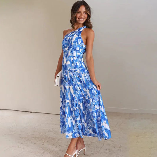 Women’s Maxi Dress – One Shoulder – A-Line Fit – Sleeveless Printed – Breathable Blend