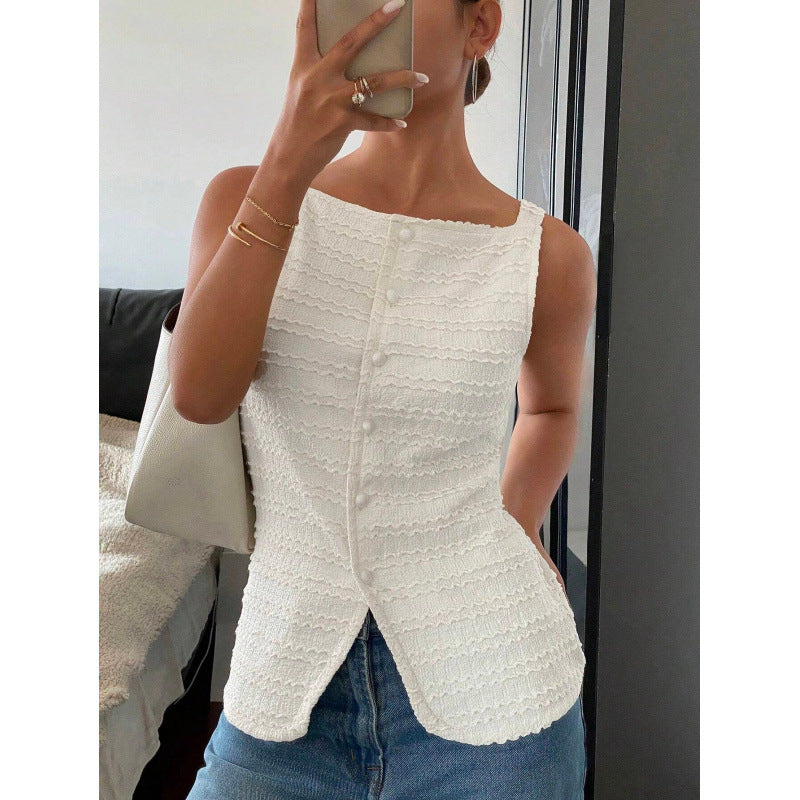 Women’s Sleeveless Top – Fitted Silhouette – Asymmetrical Hem – Button Front