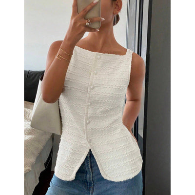 Women’s Sleeveless Top – Fitted Silhouette – Asymmetrical Hem – Button Front