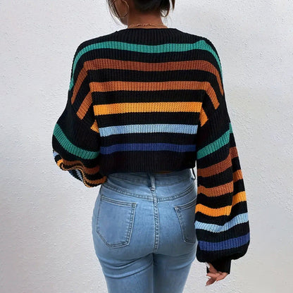 Women’s Knit Sweater – Oversized Fit – Crew Neck – Striped Pattern – Dropped Shoulders