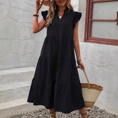 Women’s Midi Dress – V-Neck – Tiered Ruffle – Relaxed Fit – Short Sleeve