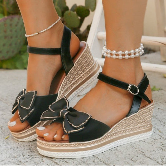 Women’s Wedge Sandals – Platform Heel – Ankle Strap – Open Toe – Bow Detail