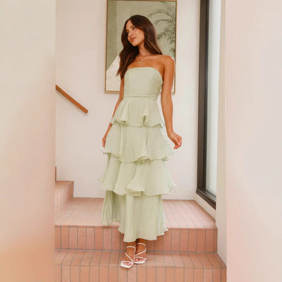 Women’s Strapless Midi Dress – Fitted Bodice – Tiered Ruffle Skirt – Lightweight Fabric