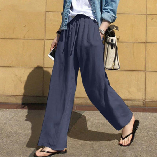 Women’s Wide-Leg Pants – 100% Cotton – High Waist – Elastic Waistband – Pleated Casual Fit