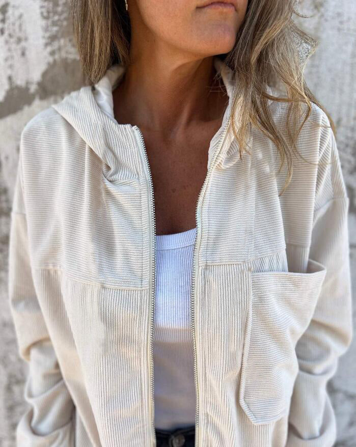 Women’s Hooded Jacket – Relaxed Fit – Ribbed Texture – Zip Front – Casual Style