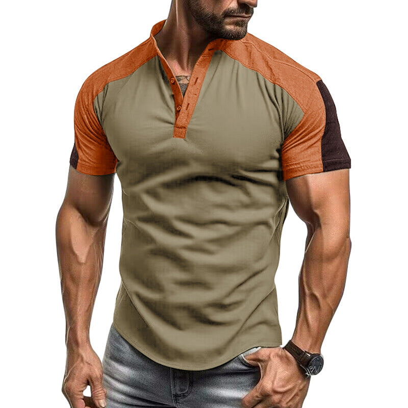 Men’s Short Sleeve Shirt – Slim Fit – Cotton – Collarless Button-Up – Contrast Sleeves