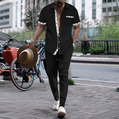 Men’s Two-Piece Set – Relaxed Fit – Cotton Blend – Short Sleeve – Trim Detail – Button Front