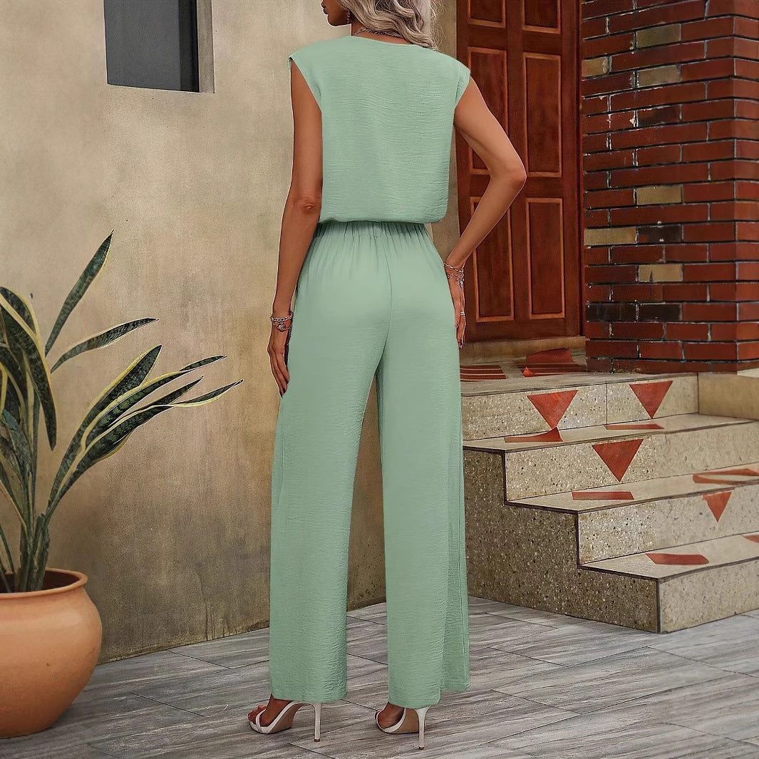 Women’s Sleeveless Top and Trousers Set – Relaxed Fit – Breathable Blend – Wide Leg