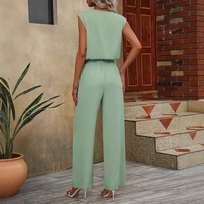 Women’s Sleeveless Top and Trousers Set – Relaxed Fit – Breathable Blend – Wide Leg
