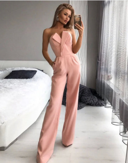 Women's Jumpsuit - Strapless Off-Shoulder - Wide-Leg Elegant Formal Wear - With Pockets