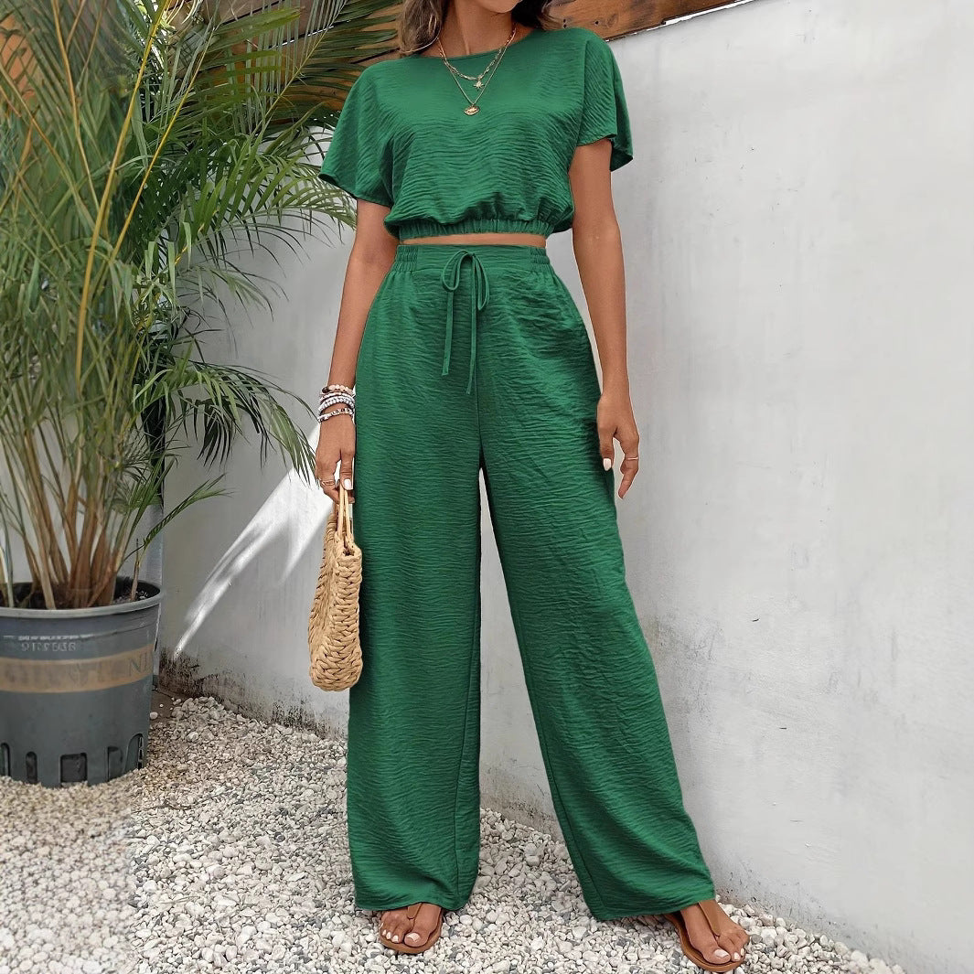 Women’s Two-Piece Set – Crop Top Batwing Sleeve – Wide-Leg Drawstring Trousers