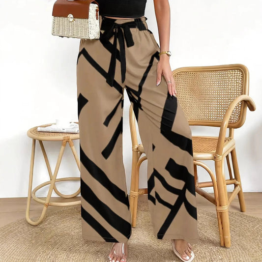 Women’s Wide-Leg Trousers – High Waist – Breathable Blend – Graphic Print – Belted Fit