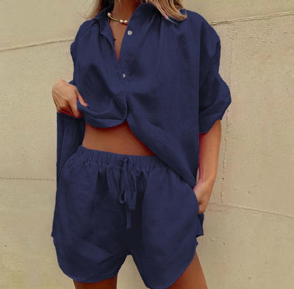 Women’s Two-Piece Set – Lightweight Linen Blend – Relaxed Fit Shirt and Drawstring Shorts