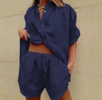 Women’s Two-Piece Set – Lightweight Linen Blend – Relaxed Fit Shirt and Drawstring Shorts