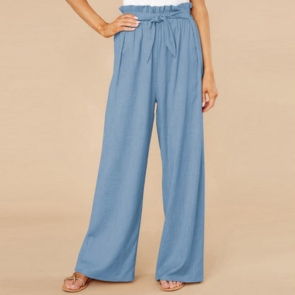 Women’s Wide-Leg Trousers – Cotton Linen Blend – High Waist – Elastic Waist with Tie Belt