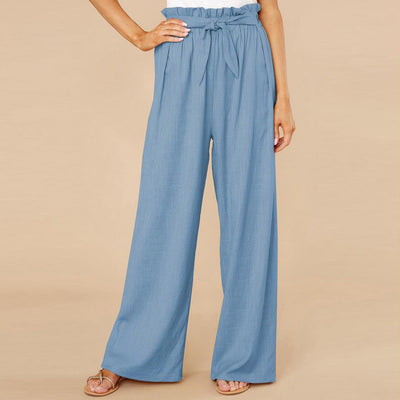 Women’s Wide-Leg Trousers – Cotton Linen Blend – High Waist – Elastic Waist with Tie Belt