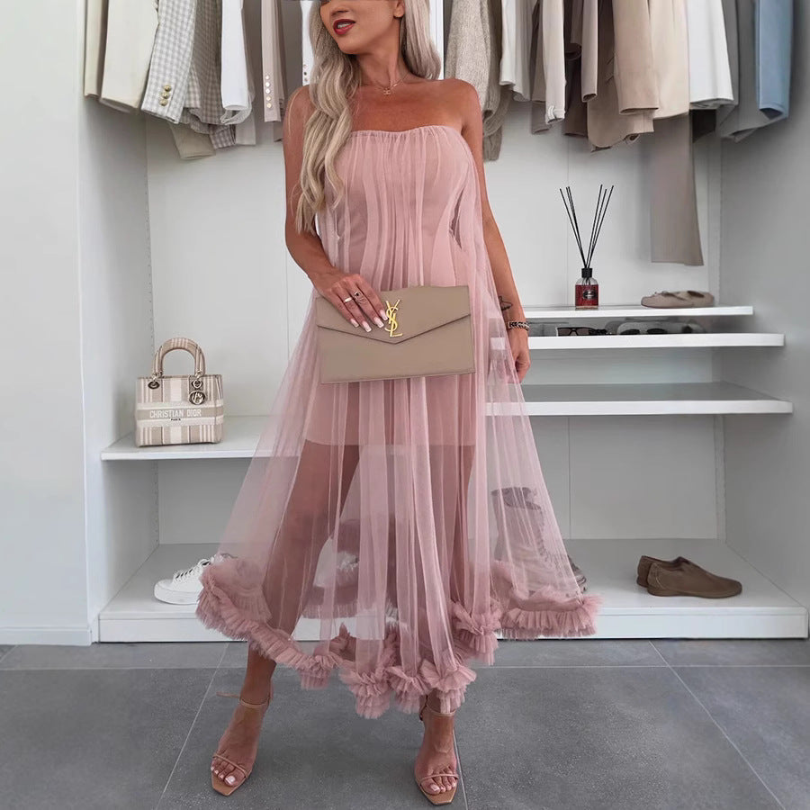 Women’s Midi Dress – Strapless A-Line – Tulle Overlay – Ruffle Hem – Loose Fit