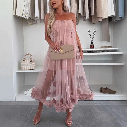 Women’s Midi Dress – Strapless A-Line – Tulle Overlay – Ruffle Hem – Loose Fit