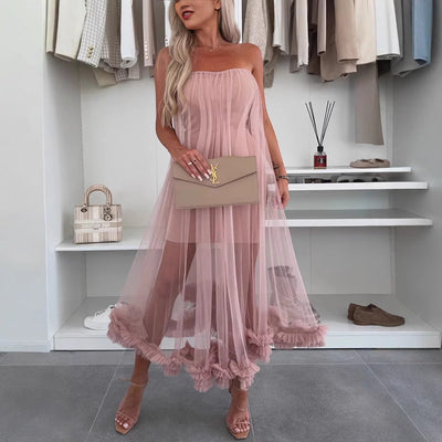 Women’s Midi Dress – Strapless A-Line – Tulle Overlay – Ruffle Hem – Loose Fit
