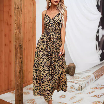Women’s Midi Dress - Spaghetti Strap - Sleeveless Fit - Smocked Waist - Animal Print