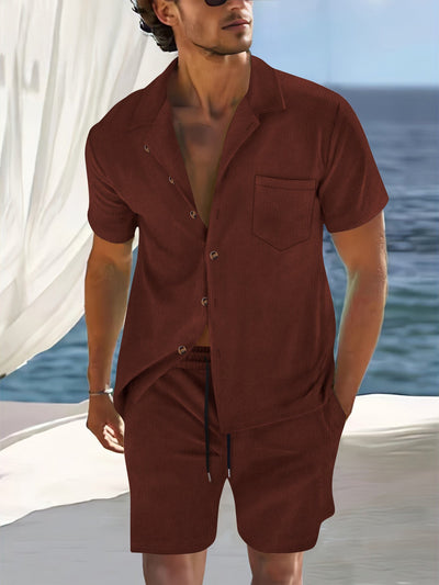 Men's Shirt and Shorts Set – Relaxed Fit – Lapel Collar – Cotton Blend – Button Front