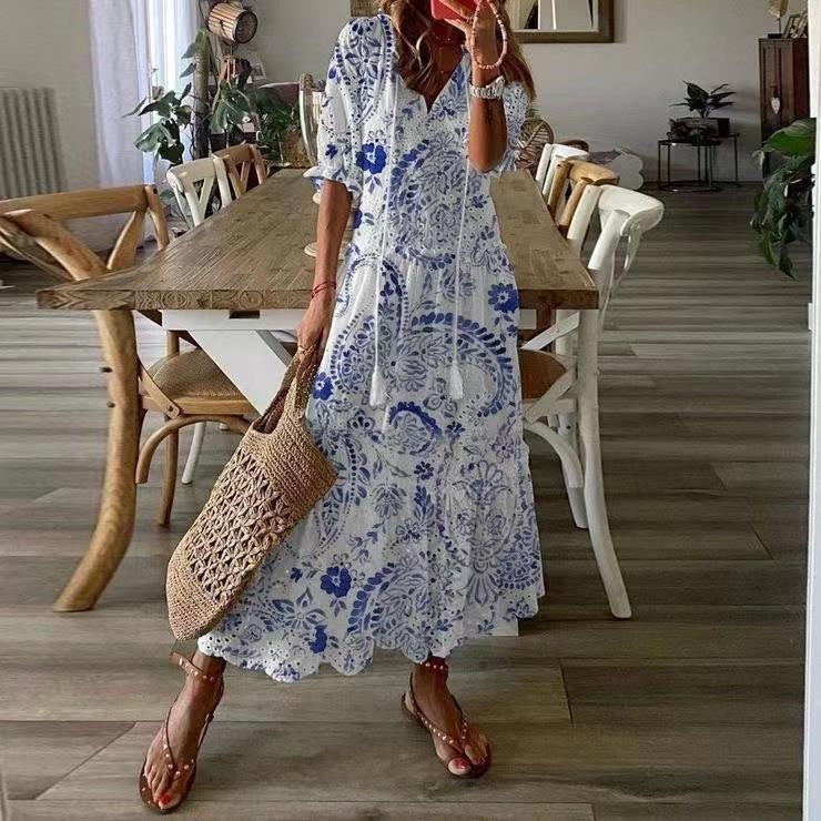 Women’s Midi Dress – Relaxed Fit – V-Neck – Short Sleeve – Eyelet Detail – Tassels