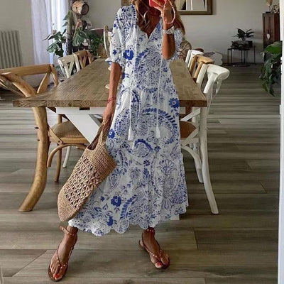 Women’s Midi Dress – Relaxed Fit – V-Neck – Short Sleeve – Eyelet Detail – Tassels
