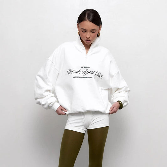 Women’s Sweatshirt – Oversized Fit – Cotton Blend – Half Zip – Letter Print – Long Sleeve