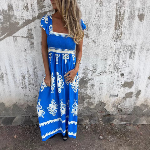 Women’s Maxi Dress – Smocked Bodice – Ruffled Sleeves – Square Neck – Breathable Blend