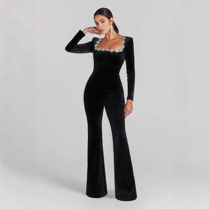Women’s Jumpsuit – Velvet Fabric – Slim Fit – Flared Leg – Embellished Neckline – Long Sleeve
