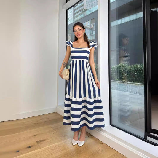 Women’s Midi Dress – Cotton Blend – Relaxed Fit – Off Shoulder – Striped – Ruffle Sleeve