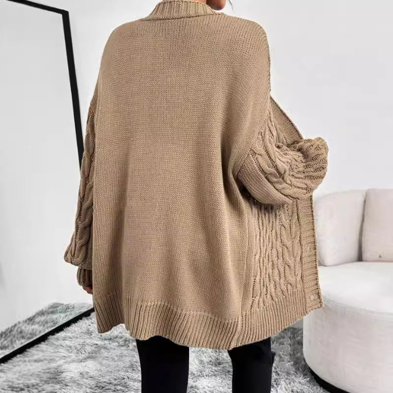 Women’s Knitted Cardigan – Cable Knit – Oversized Fit – V-Neck – Button Front – Long Sleeve