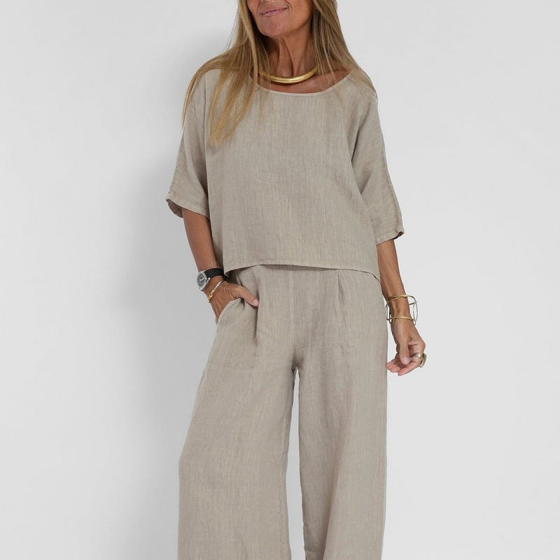 Women’s Two-Piece Set – Linen Blend – Relaxed Fit – Short Sleeve Top & Wide-Leg Trousers