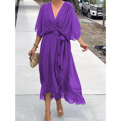 Women’s Maxi Dress – Relaxed Fit – Batwing Sleeves – Tie Waist – Asymmetrical Hem