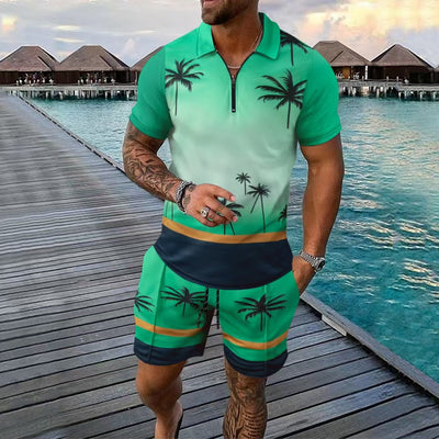 Men’s Shirt and Shorts Set – Slim Fit – Tropical Print – Zip Neck – Cotton Blend