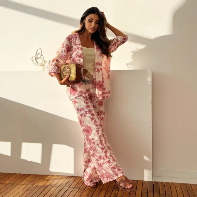 Women’s Two-Piece Set – Lightweight Floral Print – Loose Fit Kimono Top & Wide-Leg Trousers