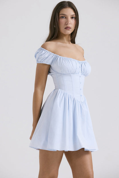 Women’s Mini Dress – Slim Fit – Puff Sleeve – Square Neck – Button Front – Cotton Blend