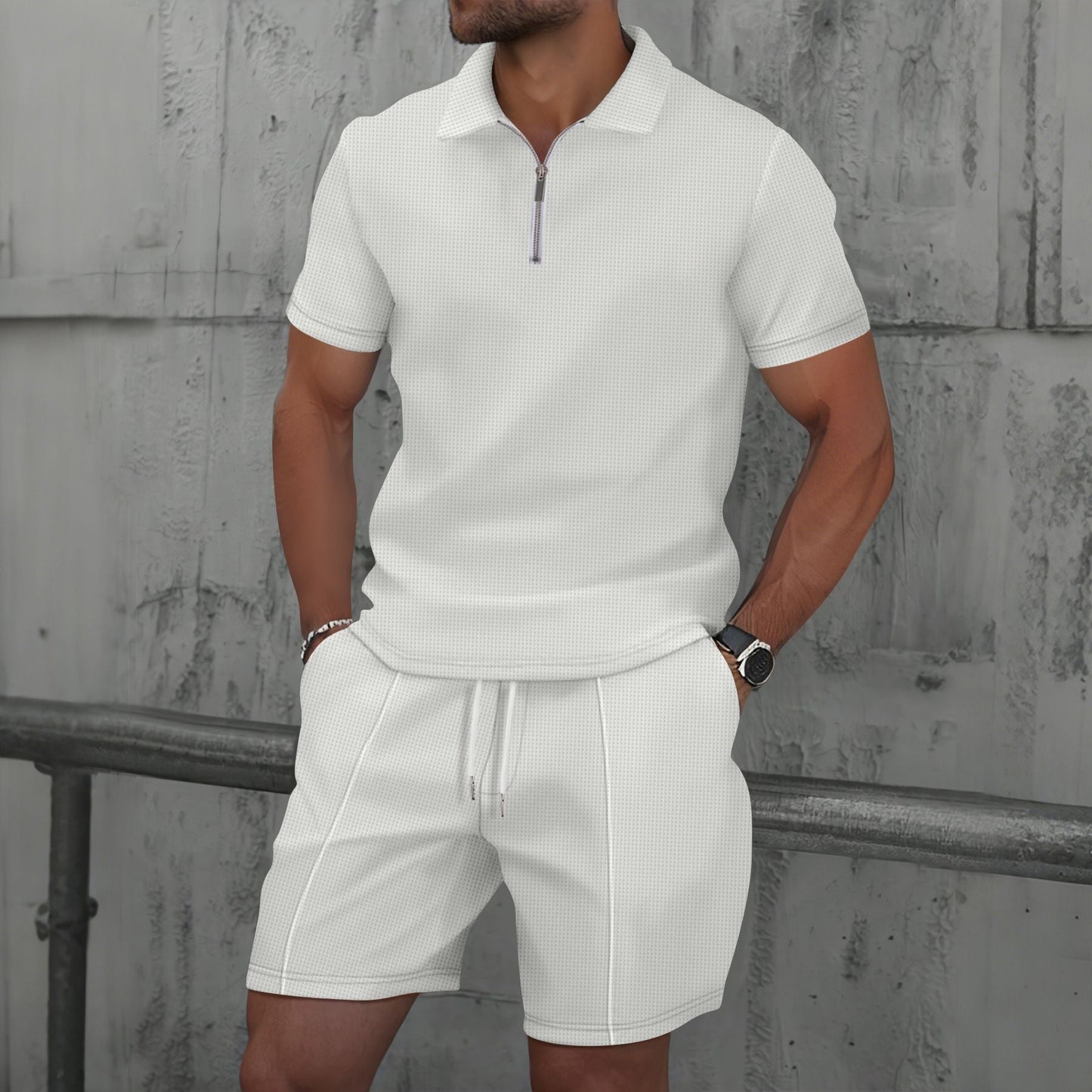 Men’s Polo Shirt and Short Set – Cotton Blend – Regular Fit – Zipper Neck – Short Sleeve Casual