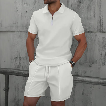 Men’s Polo Shirt and Short Set – Cotton Blend – Regular Fit – Zipper Neck – Short Sleeve Casual