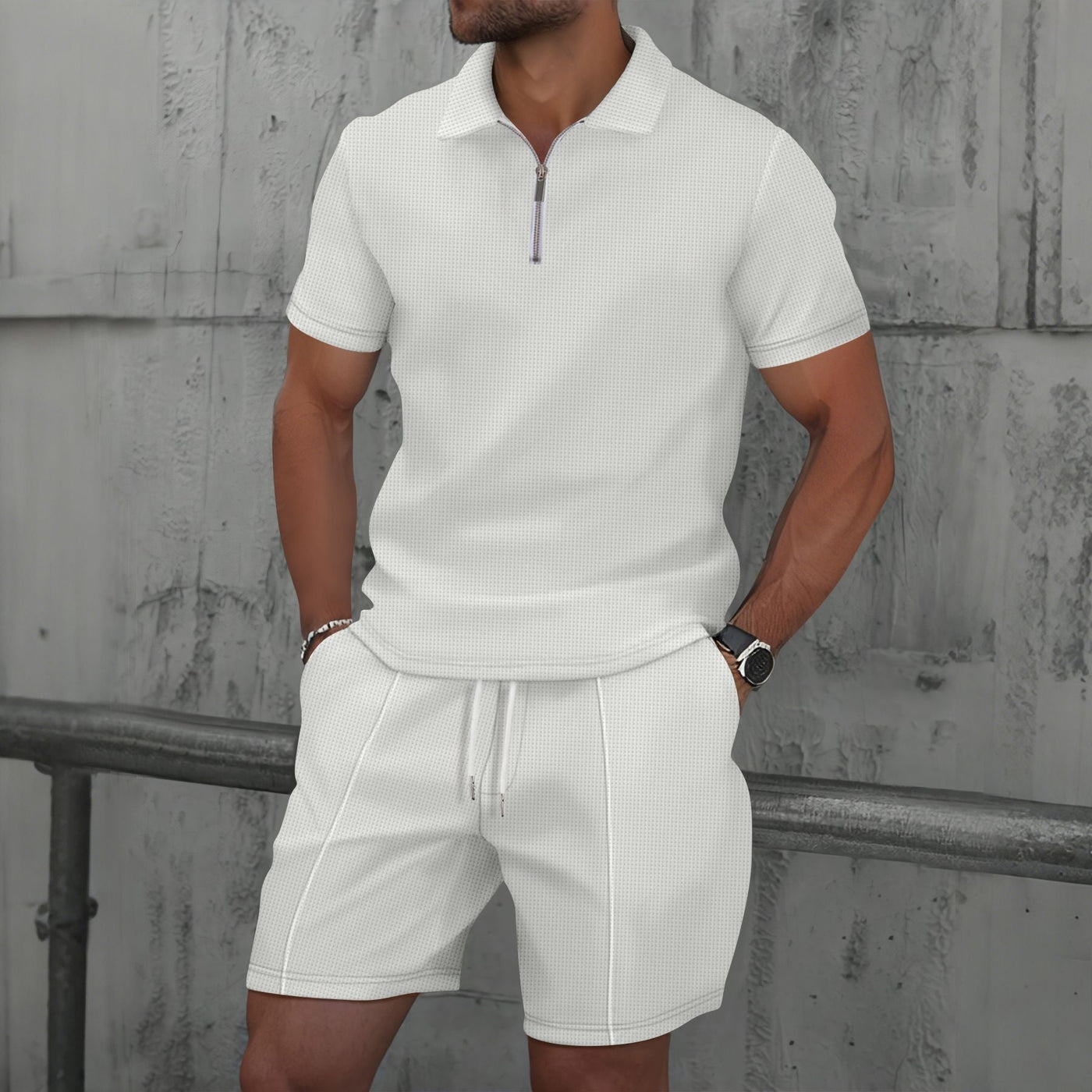 Men’s Polo Shirt and Short Set – Cotton Blend – Regular Fit – Zipper Neck – Short Sleeve Casual