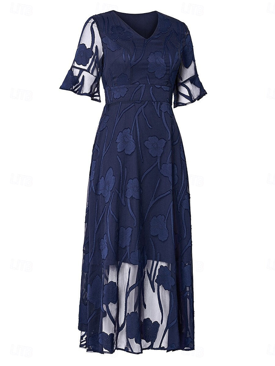 Women’s Maxi Dress – Lace Overlay – V-Neck – Flutter Sleeve – Elegant Fit