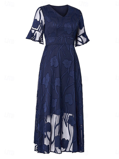 Women’s Maxi Dress – Lace Overlay – V-Neck – Flutter Sleeve – Elegant Fit