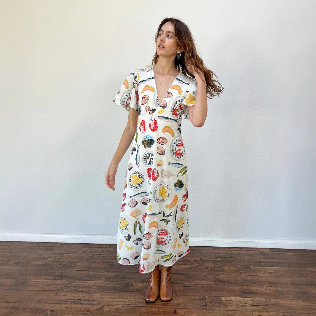 Women’s Midi Dress – Linen Fabric – V-Neck – Loose Fit – Short Sleeve – Button Front