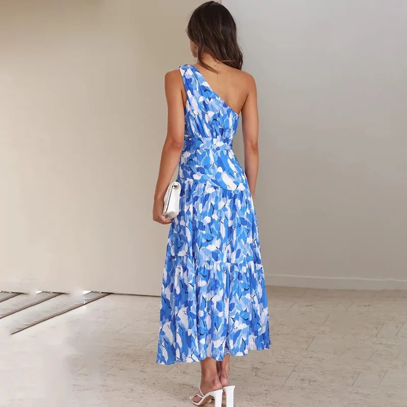Women’s Maxi Dress – One Shoulder – A-Line Fit – Sleeveless Printed – Breathable Blend