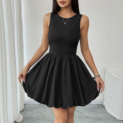 Women’s Mini Dress – Sleeveless Fitted Bodice – Bubble Hem – Round Neck – Flared Skirt