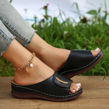 Women’s Wedge Sandals – Faux Leather – Wide Perforated Strap – Slip-On Comfort