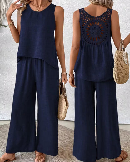 Women’s Summer Set – Sleeveless Crochet Top & Flowy Wide-Leg Pants – Casual Two-Piece Outfit