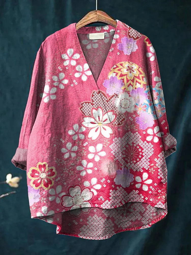 Women’s Long Sleeve Shirt – Relaxed Fit – V-Neck – Digital Print