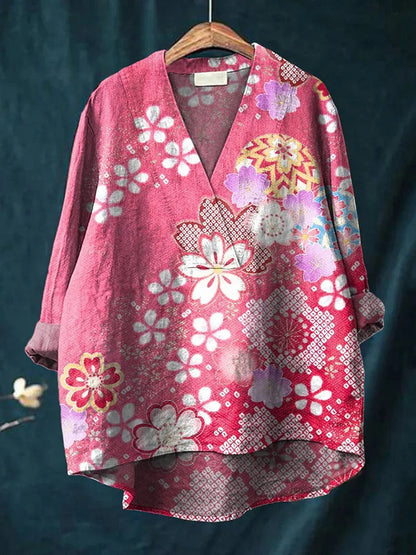 Women’s Long Sleeve Shirt – Relaxed Fit – V-Neck – Digital Print