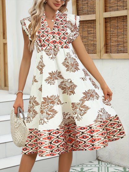 Women’s Midi Dress – V-Neck – Relaxed Fit – Short Sleeve – Printed